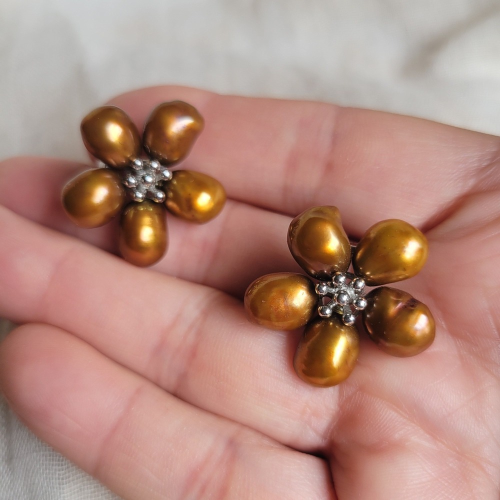 Sterling Silver‎ Rust Orange Dyed Pearl Flower Clip-On Earrings Fall Floral